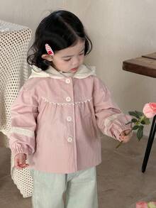 DAZY Áo khoác dài tay cài một hàng khuy cho bé gái, phối ren hoa, có mũ trùm đầu, thích hợp cho mùa xuân, quần áo cho bé gái tập đi. - Hồng - Xem 5