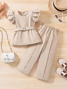 2pcs Girls Elegant Layered Cap Sleeve Top And Straight Leg Pants Set - Apricot - View 3