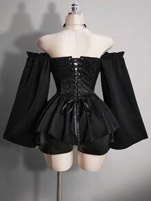 SHEIN ICON 女士黑色褶皱提花腰带拼接荷叶边露肩喇叭袖波浪下摆A字雪纺衬衫，适合派对和休闲穿着 - 黑色 - 查看 2