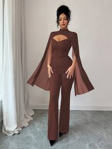 SHEIN Elenzya Mono de mujer con cuello alto, diseño hueco y brillos, mono ajustado de fiesta de moda - Café integral - Ver 4
