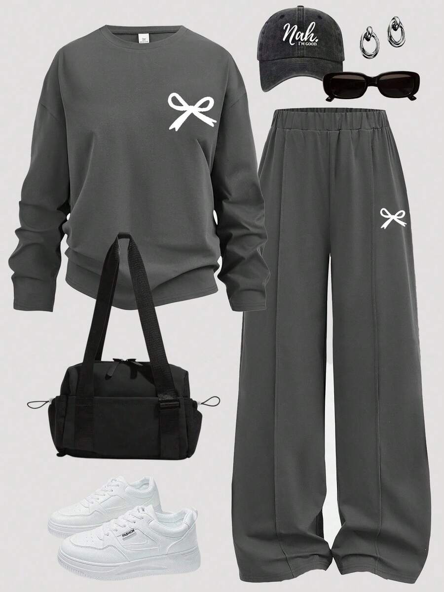 SHEIN Girlism 2 Stücke/Set Teenager Mädchen Lässiges, locker sitzendes Raglan-Ärmel Crew Neck Grafik T-Shirt & Shorts Set, leichter Strick Pullover & Kordelzug Shorts, geeignet für den Alltag, Feiertage, Outdoor-Aktivitäten - Dunkelgrau - Übersicht 1