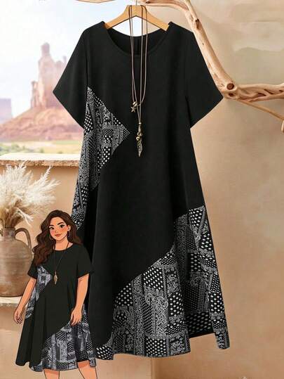 Rusticease 大码夏季休闲圆领拼布印花连衣裙 乡村服装 女士度假服装 女士乡村春季服装 女士夏季服装 波西米亚风女装