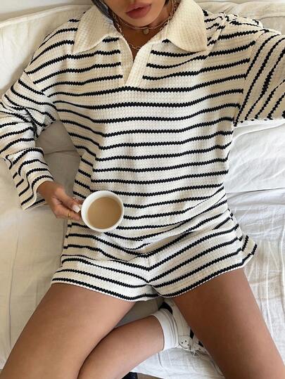 Siren Gaze Bộ đồ 2 món thường ngày áo thun dài tay trễ vai kẻ sọc và quần short cho nữ