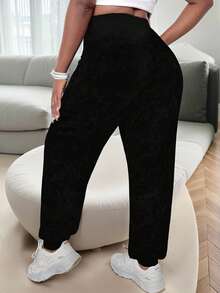 EMERY ROSE Plus Size Women Christmas Letter & Snowflake Santa Claus Print Drawstring Waist Jogger Pants - Black - View 2