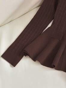 GlowEve Elegant Chic Minimalist Hollow Out Round Neck Long Sleeve Ruffle Hem Pocket Metallic Bow Button Twist Texture Sweater For Women, Autumn/Winter