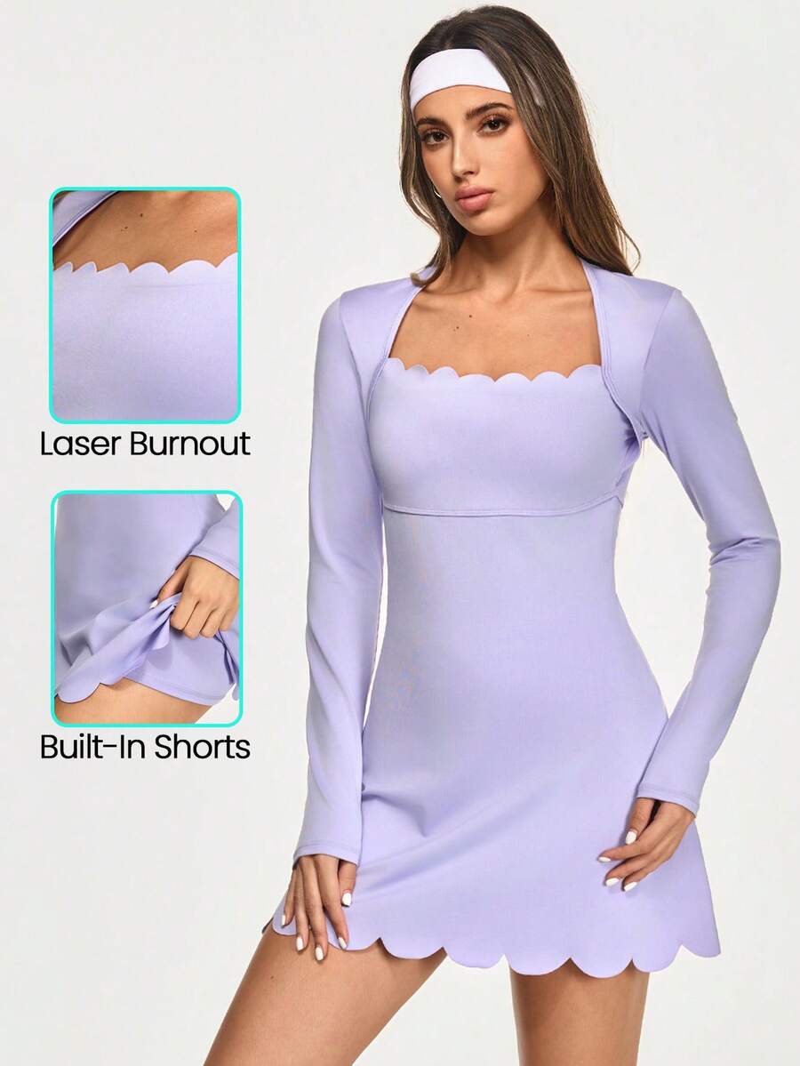 Gameset SHEIN Sport Vestido deportivo de manga larga con cuello de cisne arqueado y pantalones cortos de unicolor para mujer - Púrpura malva - Ver 1
