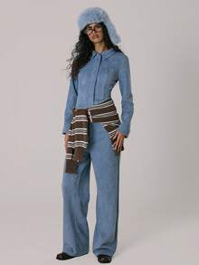 MUSERA 收腰翻领撞色缝线套装外套（仅外套）休闲可爱冬季舒适可可云春季Y2k - 藏蓝色 - 查看 5