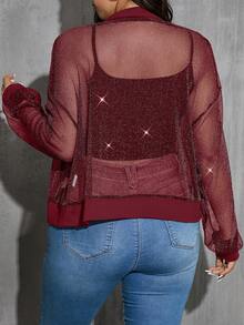 SHEIN Essnce 大码女式落肩亮片拼接修身棒球夹克 - 酒紅色 - 查看 2