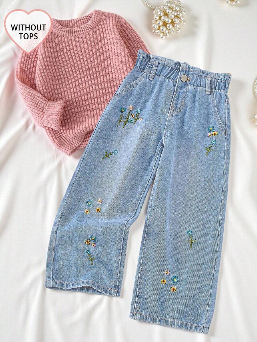 SHEIN Vintaside Kids 少女可爱刺绣牛仔裤，适合日常穿着 - 中等水洗藍 - 查看 1