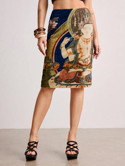 ROMWE Avant Oriental Aesthetic Buddha Painting Thangka Floral Women's Skirt