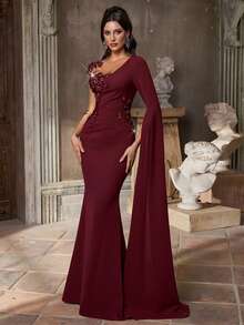 Aureia Robe de soirée élégante et luxueuse à manches longues, brodée, avec appliqués faits main, en maille transparente stretch, ourlet sirène. Convient pour toutes les occasions formelles, rendez-vous, soirées célibataires, mariages, tapis rouge, galas, Saint-Valentin - Rouge foncé - Voir 4