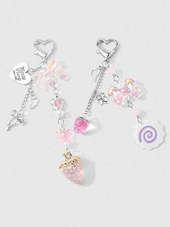 Kawaii 2pcs Ins Style Sweet Casual Versatile Girl's Two-Tone Hollow Chain, Faux Pearl, Clover, Love Heart, Pink Glitter, 3D Butterfly, Acrylic Floral Swirl, Strawberry Pendant DIY Keychain & Bag Charm Combo Set, Suitable For Sisters, Best Friends, Women, Daily Wear, Holiday Gift