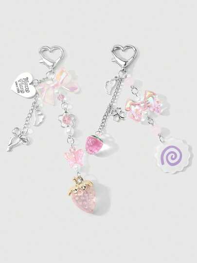 Kawaii 2 pezzi Set combo di portachiavi e charm per borse in stile Ins, casual e versatile, per ragazze, con catena bicolore cava, perle finte, quadrifoglio, cuore d'amore, glitter rosa, farfalla 3D, fiore acrilico a spirale, fragola, adatto per sorelle, migliori amiche, donne, uso quotidiano, regalo per le vacanze