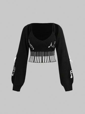 Kawaii Plus Size Retro Y2K Piano Key & Music Note Pattern Knitted Camisole Cardigan Set