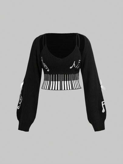 Kawaii Ensemble camisole et cardigan tricotés à motif de touches de piano et de notes de musique, style rétro Y2K, grande taille