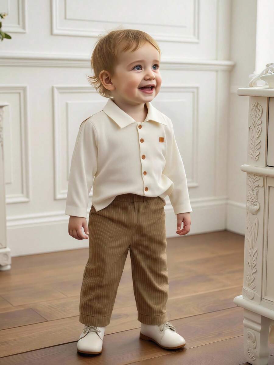 2 Stücke/Set Kleinkind Jungen Langarm Kragen Geripptes Lässig Weiches Hemd und Khaki Vertikal Gerippte Hose Set, Weihnachten - Aprikosenfarben - Übersicht 1