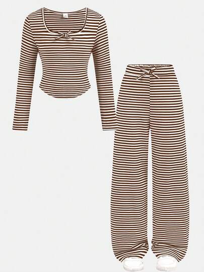 Tween Girl Casual Everyday Fitted U-Neck Long Sleeve Brown & White Striped Bow Decor Knit T-Shirt Top And Matching Straight Leg Wide Pants 2 Piece Stretchy Knit Striped Outfit, Comfortable Activewear Set