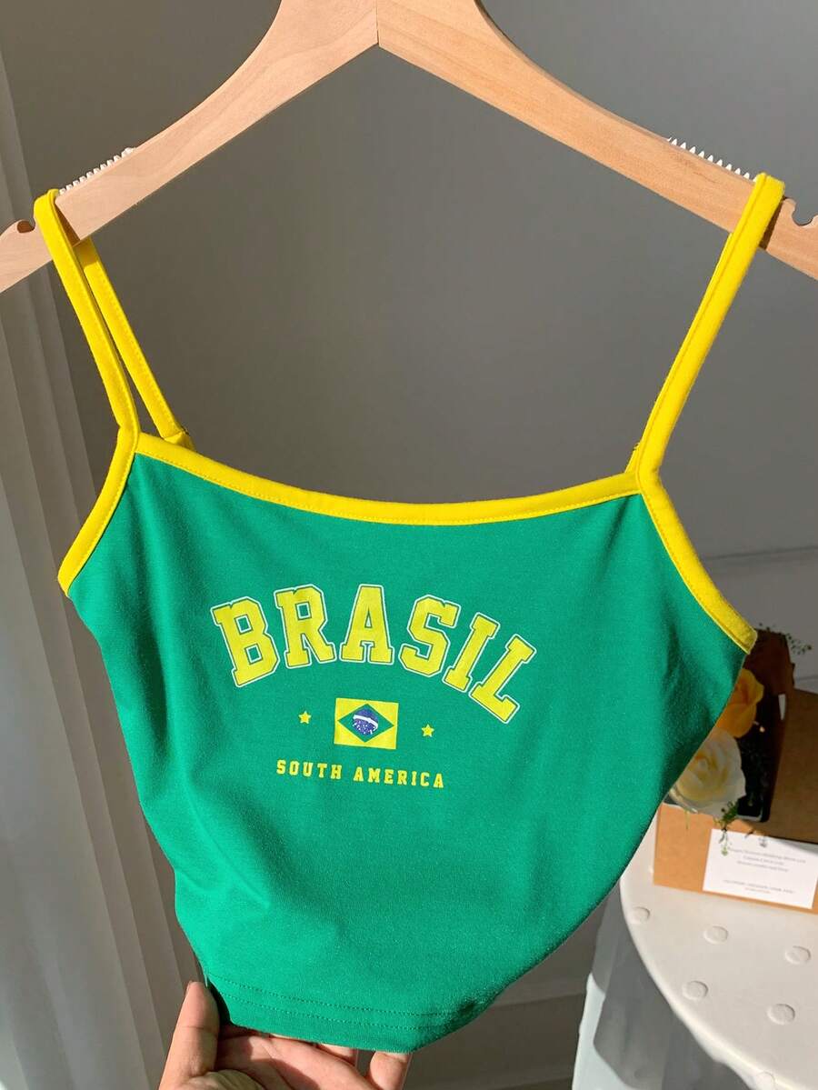 SHEIN EZwear 字母图案撞色包边吊带背心足球衫 - 綠色 - 查看 1