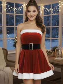 Vestido Corto Disfraz de Santa Claus Aterciopelado Strapless de Hombros Descubiertos con Detalle de Peluche para Mujer - Rojo - Ver 1