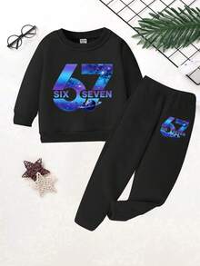 舒适秋冬男童休闲时尚创意个性酷炫清爽简约时尚数字67星空宇宙行星图案字母标语印花宽松圆领卫衣和运动裤套装，秋冬舒适穿搭 - 黑色 - 查看 4
