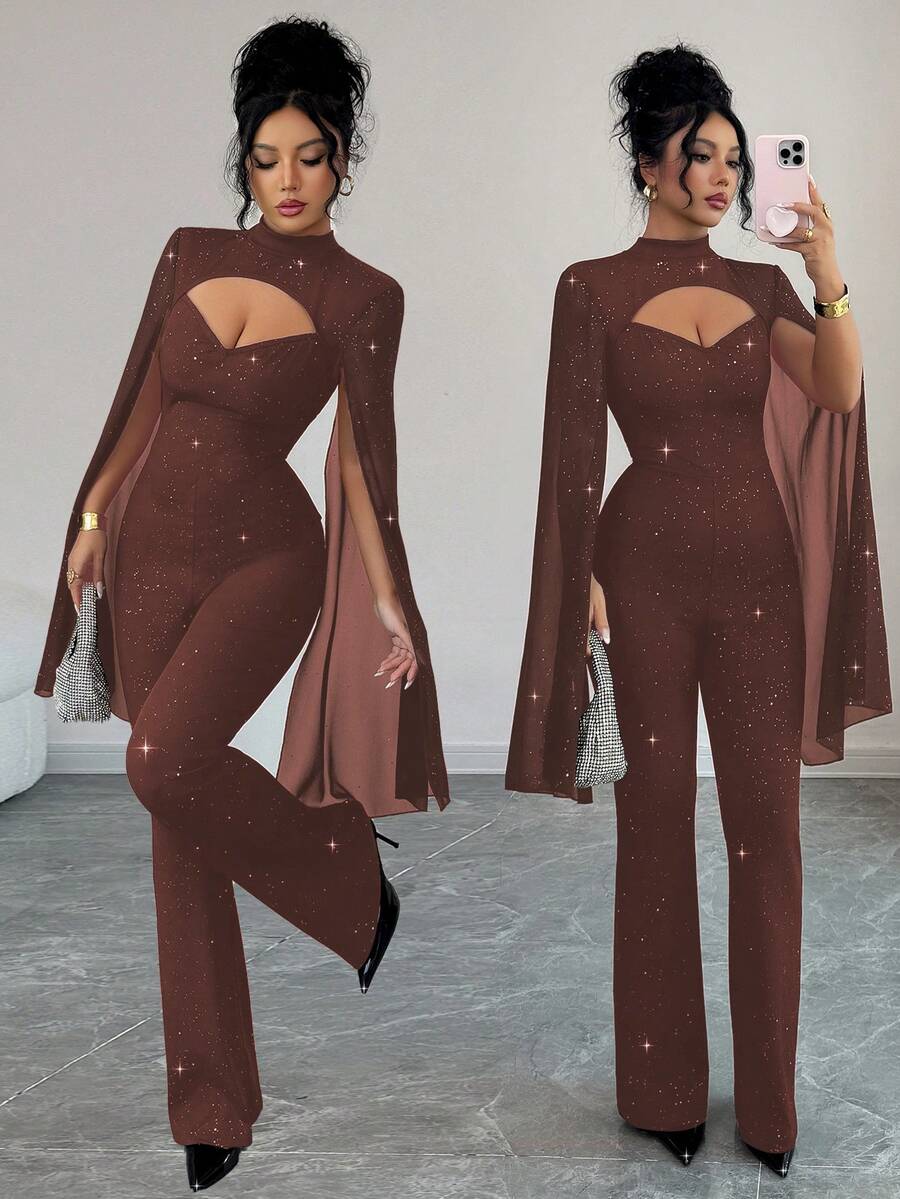 SHEIN Elenzya Mono de mujer con cuello alto, diseño hueco y brillos, mono ajustado de fiesta de moda - Café integral - Ver 1