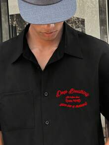 SWAVVY 男士休闲时尚街头学院风字母刺绣拼布落肩宽松黑色短袖衬衫，夏季 - 黑色 - 查看 7