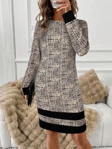 SHEIN Clasi Váy dệt kim cổ tròn tay dài dành cho nữ, màu mơ với vải in co giãn và tương phản màu đen, thanh lịch để mặc hàng ngày, mùa thu/đông và đầu xuân - Màu be - Xem 4