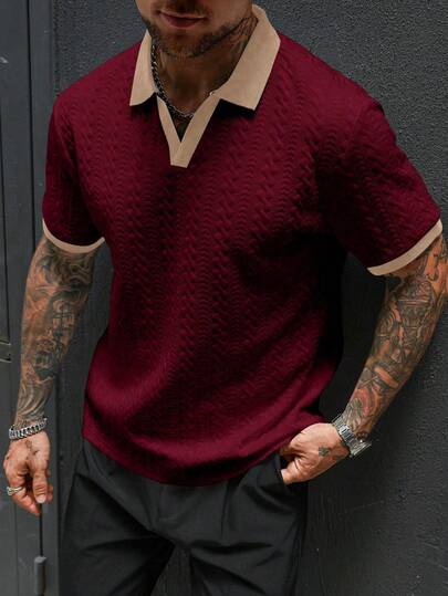 Manfinity CasualCool Men's Contrast Color Short Sleeve Casual Commuter Polo Shirt Knit Shirt Men Buttoned Knitted Polo Short Sleeve Maroon And White Shirt Men Burgundy Shirt Burgundy Men Polo Shirt V Neck Knit Polo Men Textured Polo Shirt Men Knit Polo Shirt Short Sleeve Men Polo Old Money,Daily Leisure, Weekend Trips, Outdoor Activities, Travel Expeditions, Relaxed Work Environments Or Semi-Formal Occasions,Boyfriend/Husband Gift, Anniversary Gift Christmas