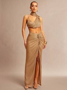 Silquee Women's Fashion Party Crop Top & High Slit Mini Skirt Set - Gold - View 3