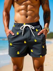 Manfinity Swimmode Summer Men's Casual Beach Shorts With Cute Duck Print Men Beachwear Men Black Swim Trunks Mens Swim Wear Rubber Duck Swim Trunks Mens Bathing Suit Trunks - Grey - View 4