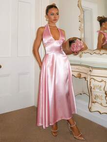 Glamine Damen einfarbiges Satin Abendkleid, elegantes Damen Kleid mit V-Ausschnitt und ärmellos, ausgestellter Damenkleider, Damenbekleidung für Geburtstag, Sommer, Valentinstag, rosa Seidenkleid, rosa Satinkleid, Bodenlanges Kleid, Abendkleid, Partykleid, elegantes Abendkleid, Ausgehkleid, Belle elegantes Kleid, Damen Abendkleid - Pink - Übersicht 4