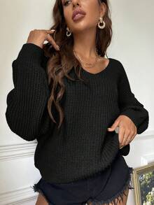 SHEIN Essnce Plus Size Women's Fall Fashionable Casual Elegant Commuting Warm V-Neck Sweater - Black - View 4