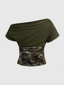 ROMWE Street Life Plus Size Y2K Harajuku Punk Skull Rhinestone Camo Patchwork T-Shirt - Army Green - View 3