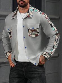 Manfinity Homme Men's Geometric Pattern Long Sleeve Single-Breasted Jacket,Grey Autumn Streetwear City Break Western Button Up Boho Shirt Men Designer Graphic Jacket - Light Grey - View 4