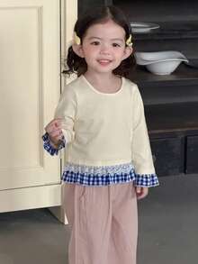 DAZY Baby Girls' Round Neck Tie-Up Plaid Patchwork Ruffle Trim Long Sleeve Top Spring - Apricot - View 2