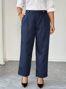 Elenzga Women's Elegant Minimalist Striped Fabric Casual Pants With Pockets, Versatile For Daily Wear, Spring/Autumn - Navy Blue - View 3