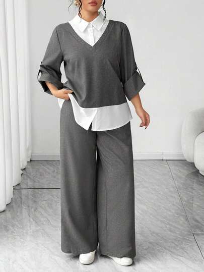 Elenzga Plus Size Casual Color Block Patchwork Shirt & Pants Set Blouse And Pants Set Wide Leg Pants Set Two Piece Set Women Comfy