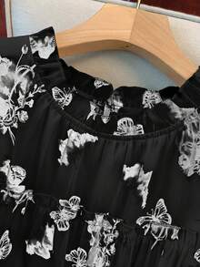 GlowEve CURVE Plus Size Women's Summer New Chinese Style Butterfly, Landscape & Floral Print Double-Layer Flutter Sleeve Design Round Neck Ruffle Hem Loose Comfortable Sweet Chiffon Blouse - Black - View 6