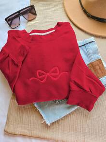 EMERY ROSE 大码女式蝴蝶结刺绣休闲落肩圆领卫衣 - 紅色 - 查看 3