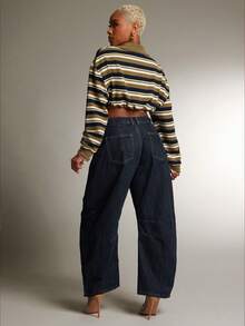 Denimoi 休闲街头风纽扣口袋阔腿女式牛仔裤 - 深色水洗藍 - 查看 4