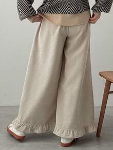 FRIFUL Women's Corduroy Elastic Waist Wide Leg Pants With Ruffle Hem - Beige - View 4