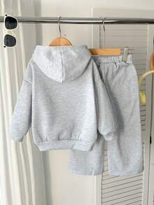 SHEIN 2pcs/Set Young Boys Casual Minimalist Fleece Thickened Hoodie Sweatshirt And Pants Set, Suitable For Autumn/Winter, Christmas, New Year - Grey - View 6