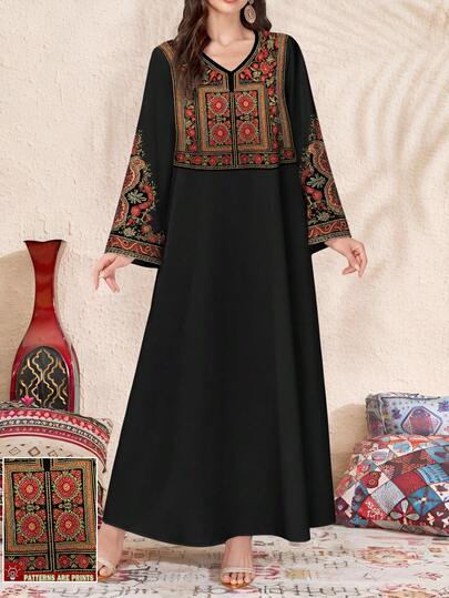 SHEIN Najma Women's Elegant Floral Digital Print V-Neck Long Sleeve Dress, Graceful Arabic Style, Suitable For Spring And Autumn