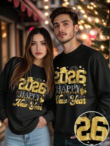 Manfinity Homme 墨夜金色闪光2026情侣长袖衫，新年快乐金色字母圆领上衣，气球星形图案庆祝套头衫，闪亮新年情侣派对时尚单品，男士休闲26周年新年图案圆领卫衣，保暖内衬 - 黑色 - 查看 1