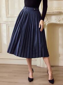 Vintamour Vintage Elegant Women Pleated Button Pocket Casual Skirt Work Holiday Vacation Winter For Women Christmas For Women New Year Elegant Skirt - Blue - View 2