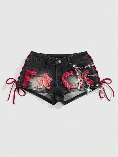 J-Fashion Shorts di jeans estivi da donna con applicazioni, passanti per cintura e lacci