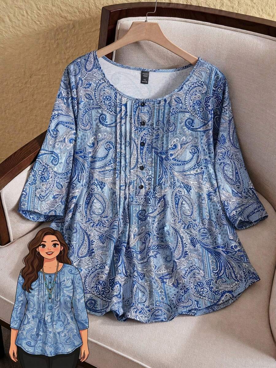 Rusticease Plus Size Round Neck Front Button Allover Print Top With 3/4 Sleeves, Casual Vacation Style - Multicolor - View 1