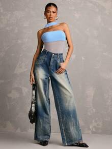 SHEIN BAE 女款淺藍色夏季性感時尚夜店無肩帶透視連身衣，適合音樂節、演唱會、派對、度假、日常穿著、節慶 - 淺藍色 - 查看 3