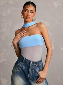 SHEIN BAE 女款淺藍色夏季性感時尚夜店無肩帶透視連身衣，適合音樂節、演唱會、派對、度假、日常穿著、節慶 - 淺藍色 - 查看 5