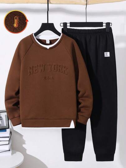 SHEIN 两件套儿童/青少年男童休闲日常舒适字母压纹图案圆领套头卫衣和宽松运动裤套装